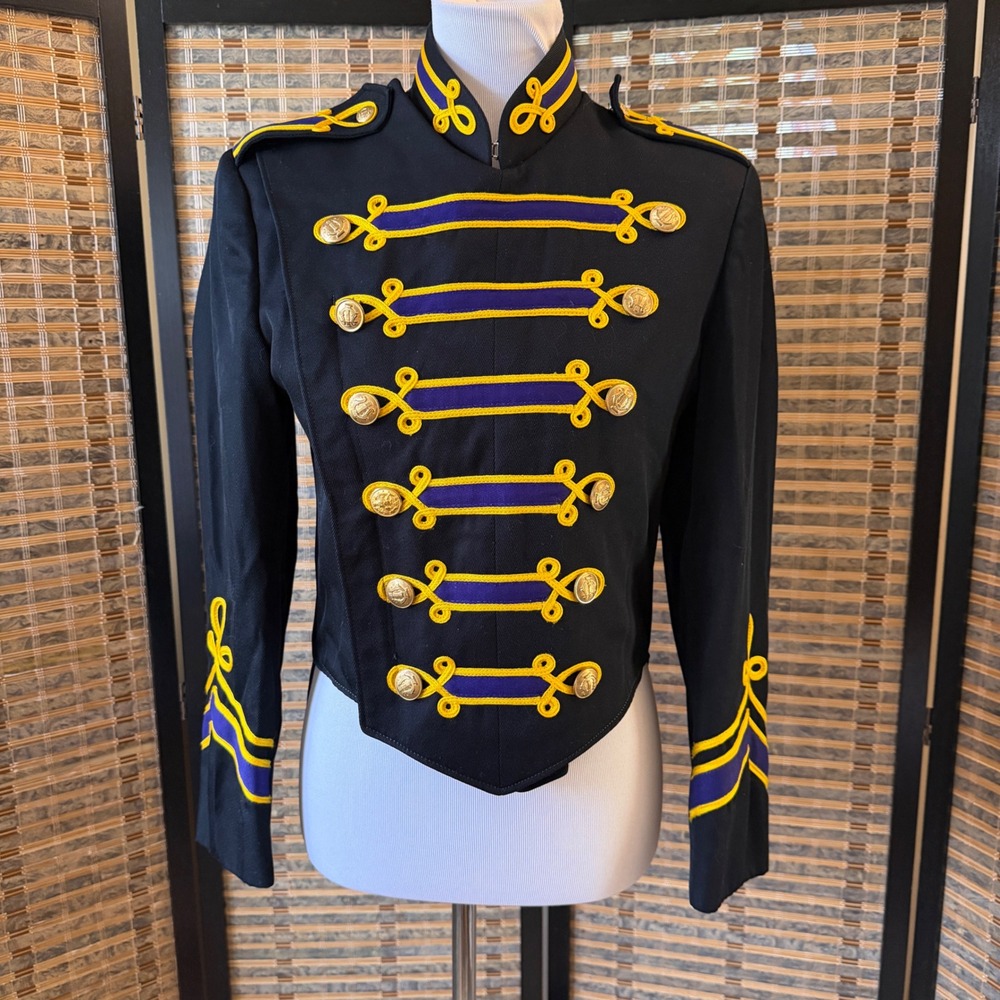 DeMoulin Marching Band Jacket Unisex M Black Purple Gold Military Tailcoat